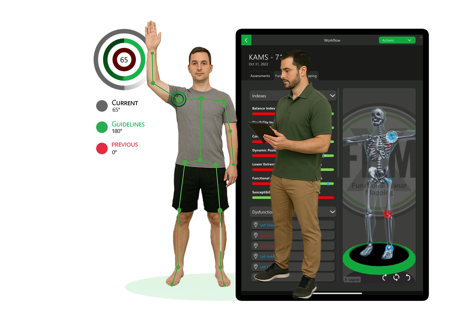 A clinician reviewing a KAMS assessment and Functional Planar Mapping on the Kinetisense platform, alongside a markerless 3D triplanar motion-capture readout.