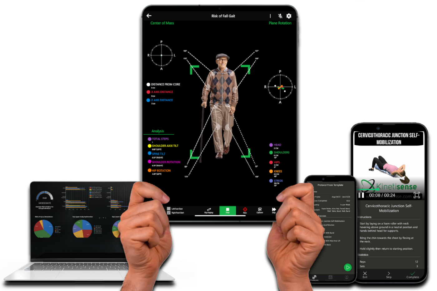 Kinetisense running on laptop, tablet, and phones — Risk of Fall Gait analysis and corrective exercise protocols
